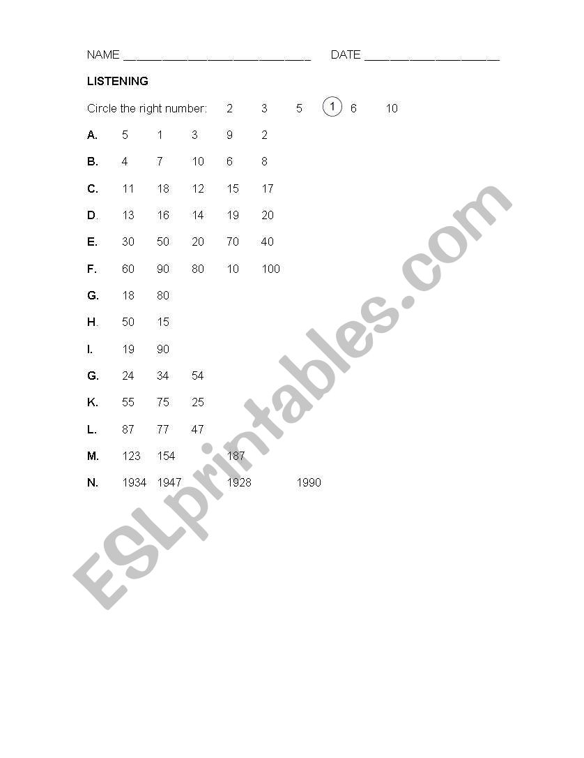 number recognition worksheet