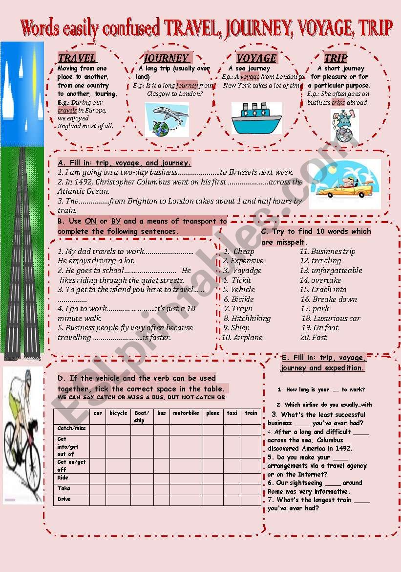 trip travel journey voyage exercises