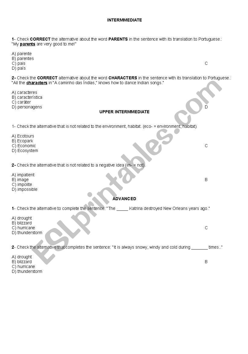 TEST ON FALSE COGNATE WORDS, CONFUSING WORDS, PREFIX, SUFIX