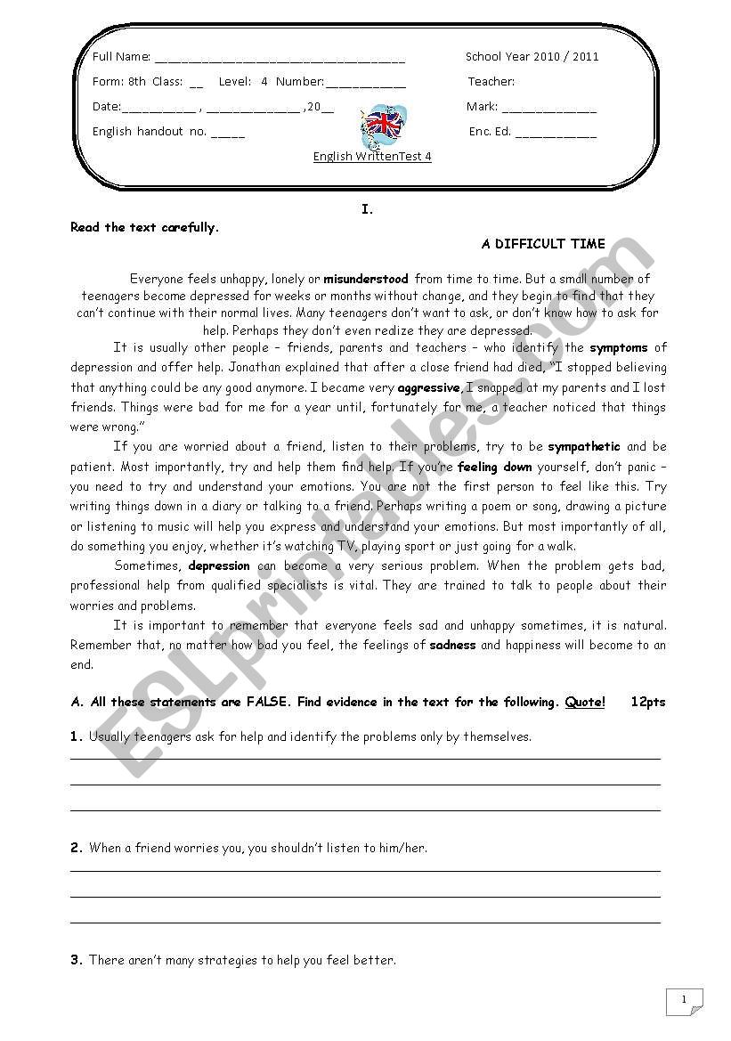 test on teenage depression worksheet