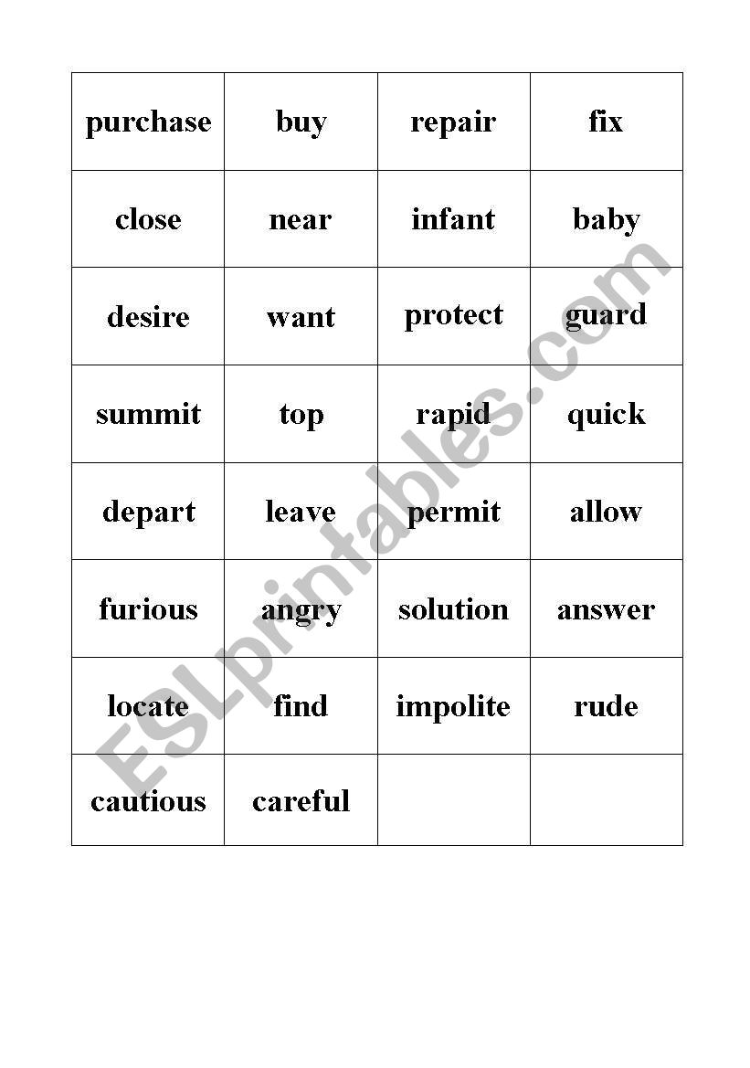 synonyms - verb memory game worksheet