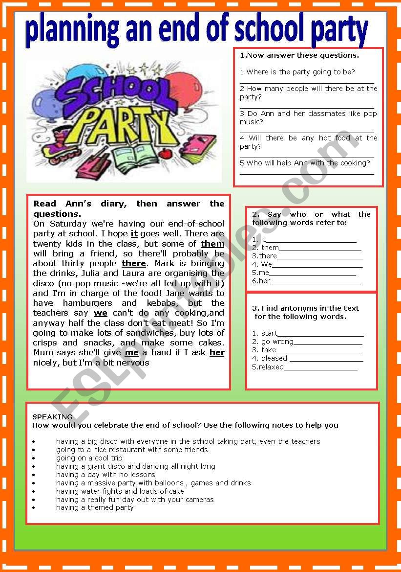 Planning An End Of School Party Esl Worksheet By Patties