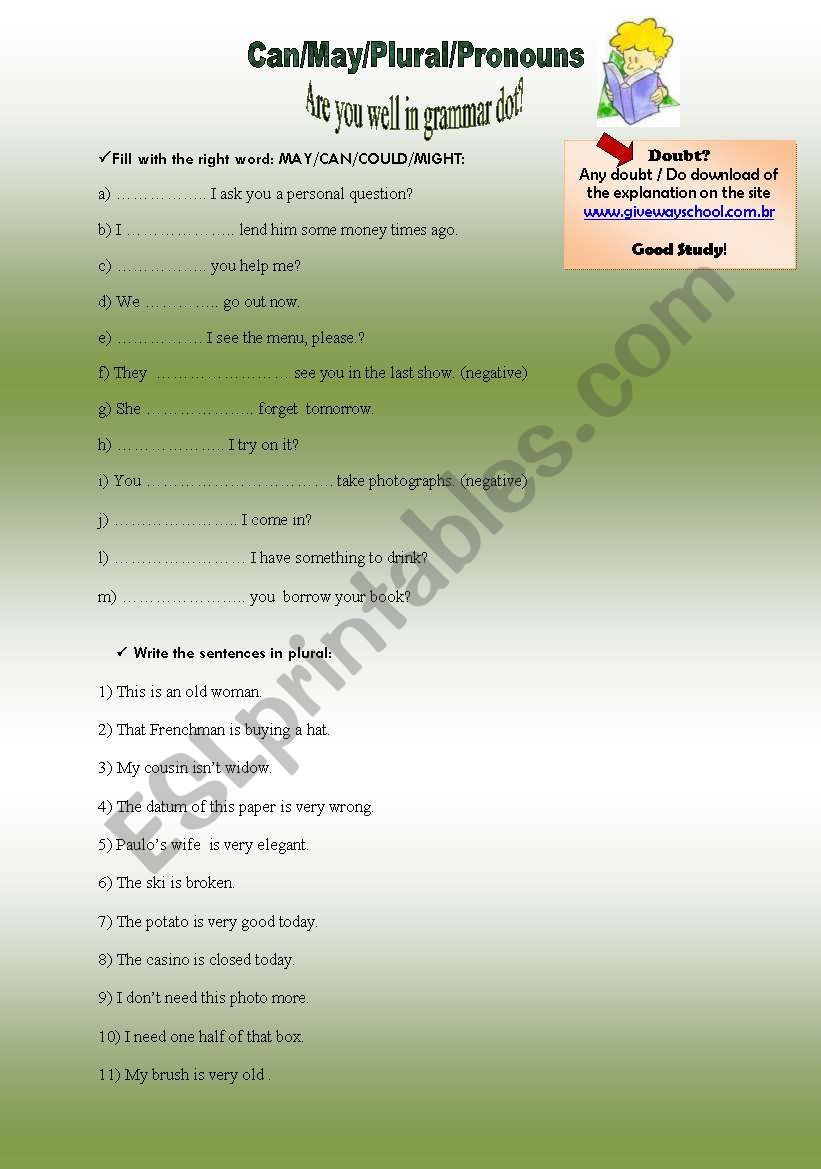 May/Can/Plural/Pronouns worksheet