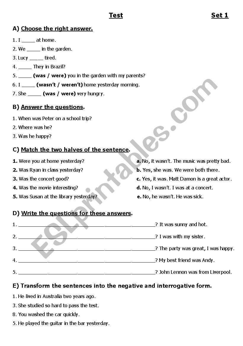 test of simple past worksheet