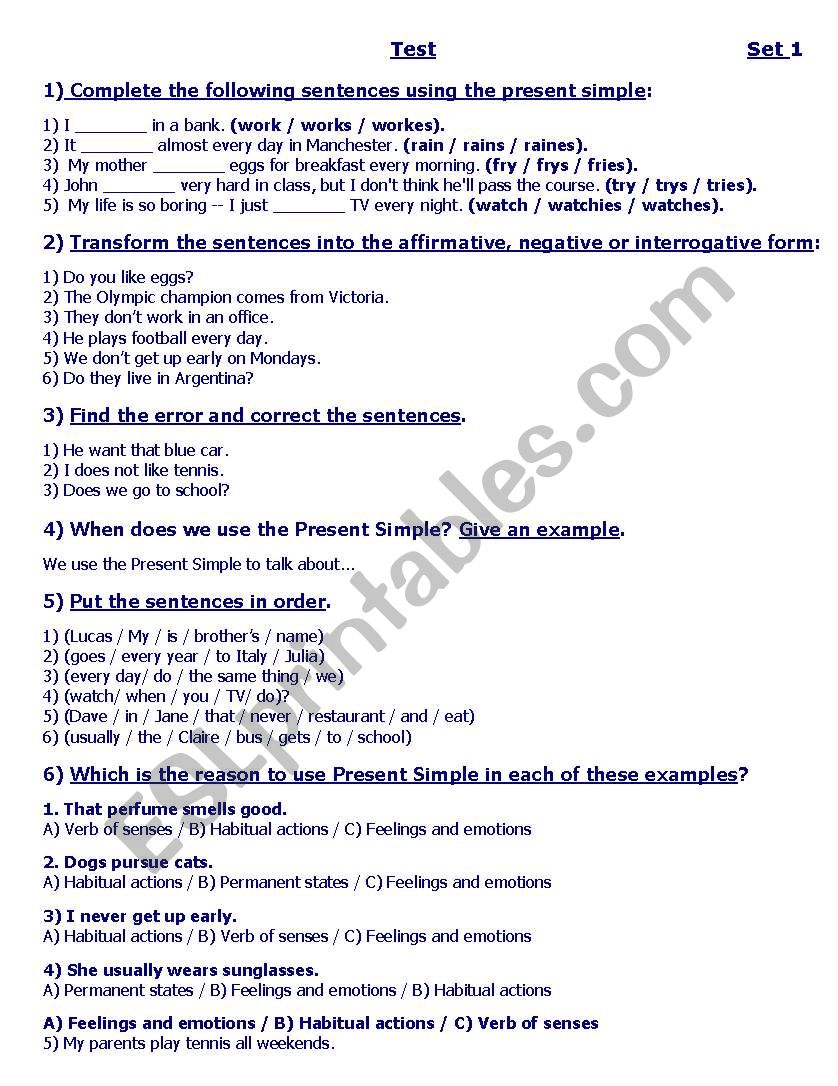 test present simple worksheet