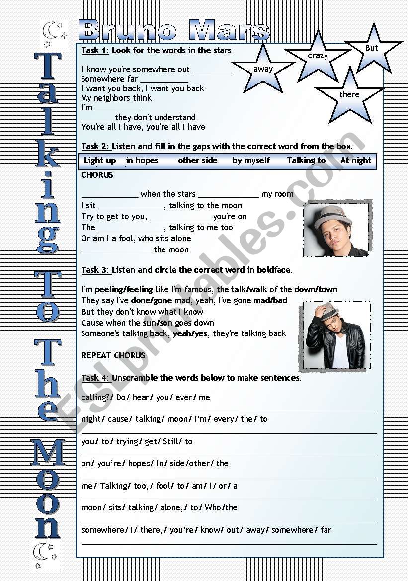 Song Worksheet - Talking to the moon by Bruno Mars