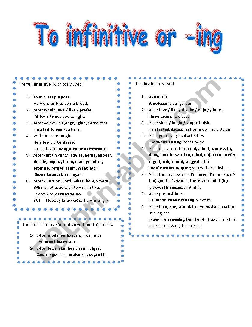 To infinitive or -ing worksheet