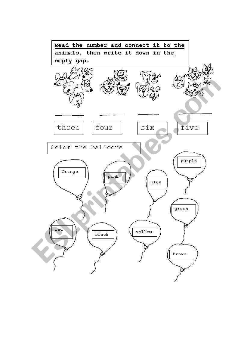 Animals, numbers and colors. worksheet