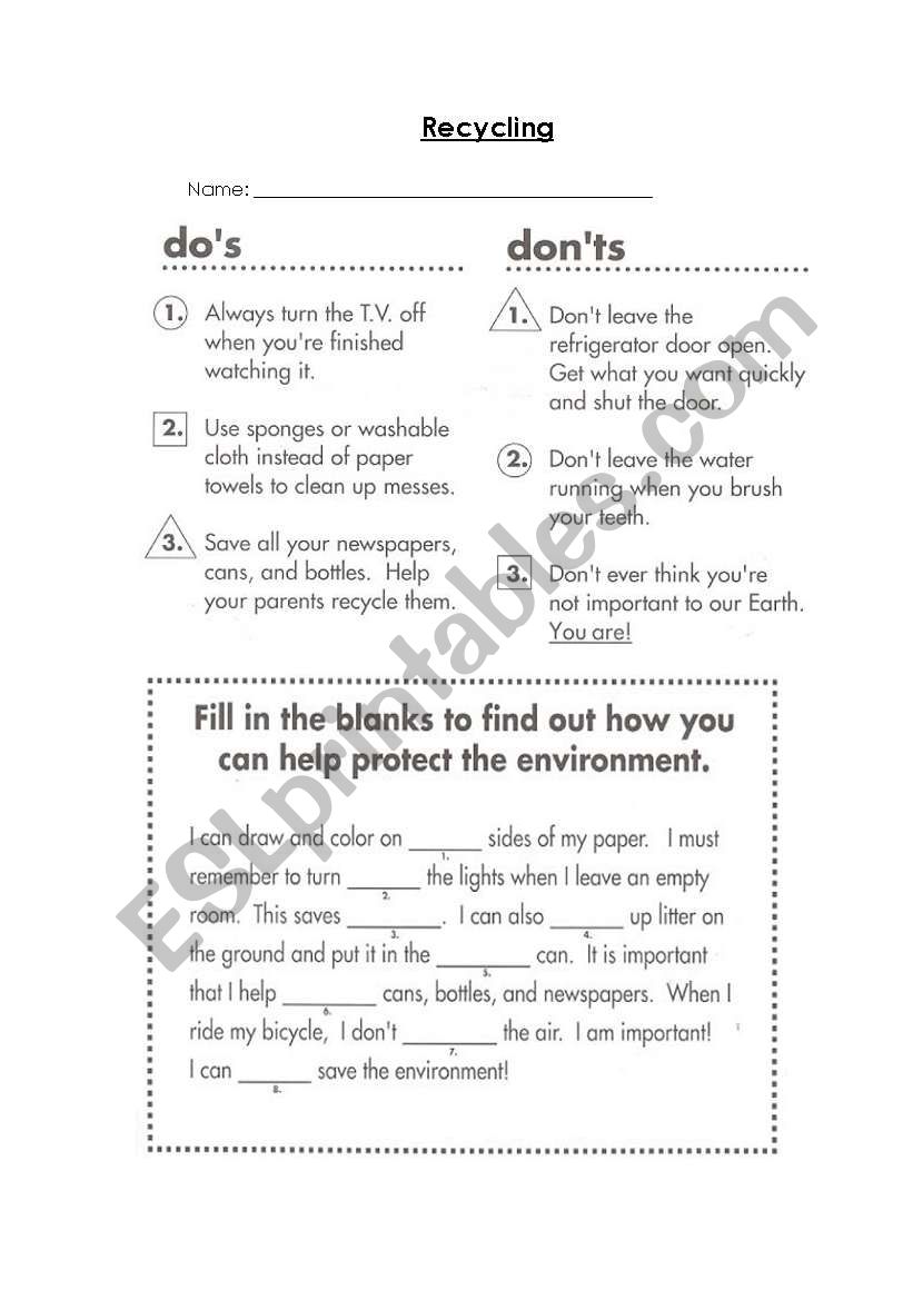 Recycle worksheet