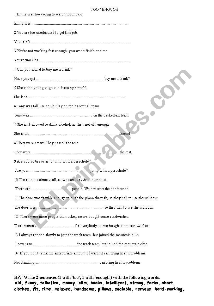 TOO / ENOUGH worksheet