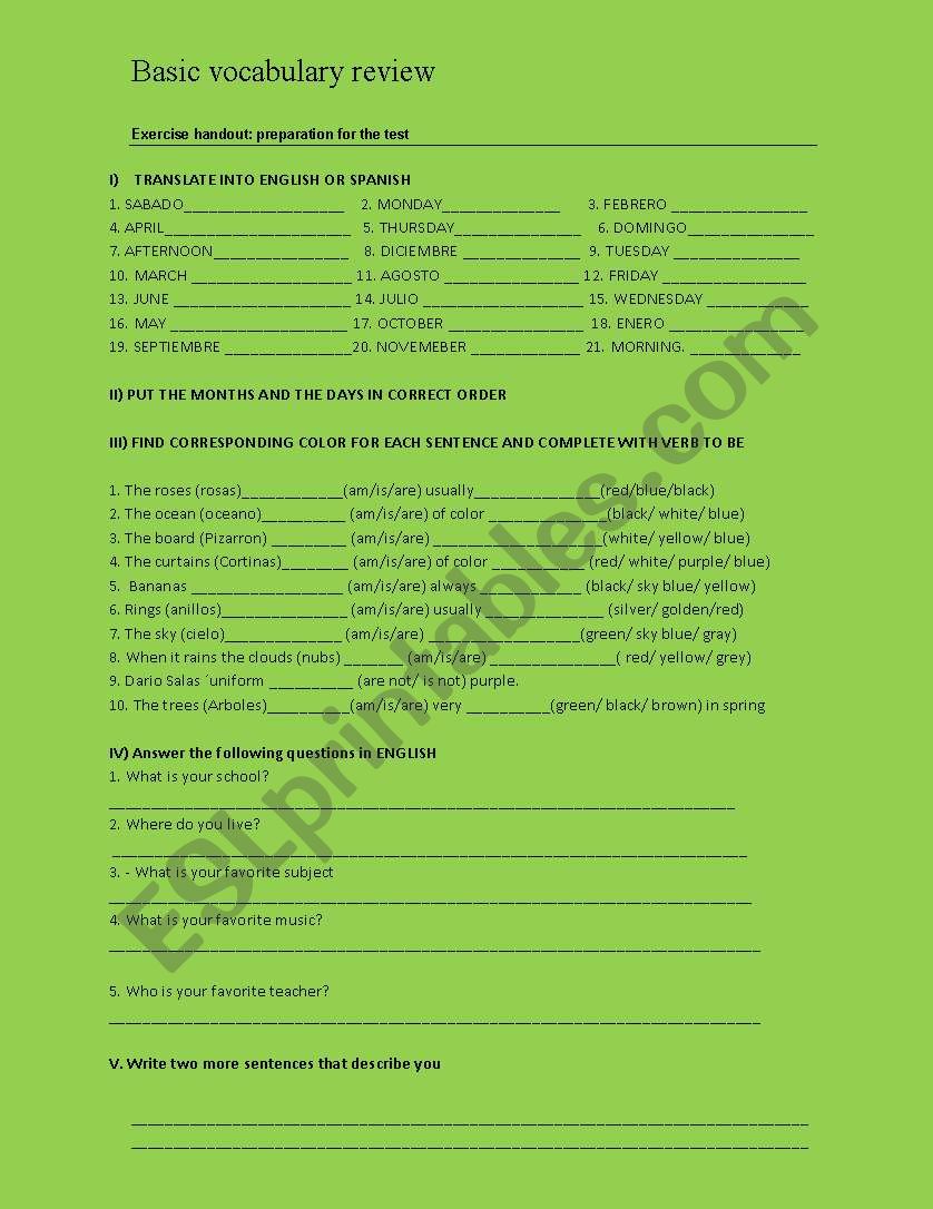 Basic Vocabulary review worksheet