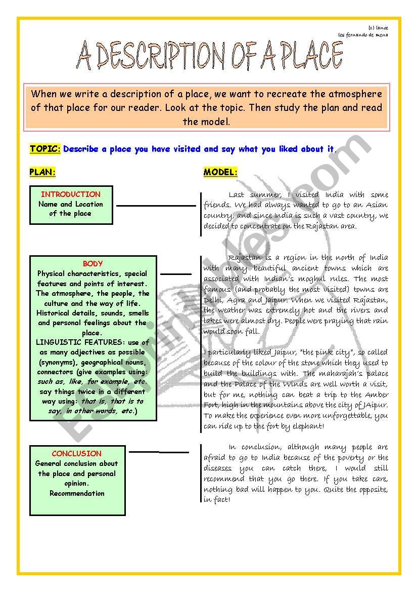 WRITING SKILL: A DESCRIPTION OF A PLACE - ESL worksheet by lanoe