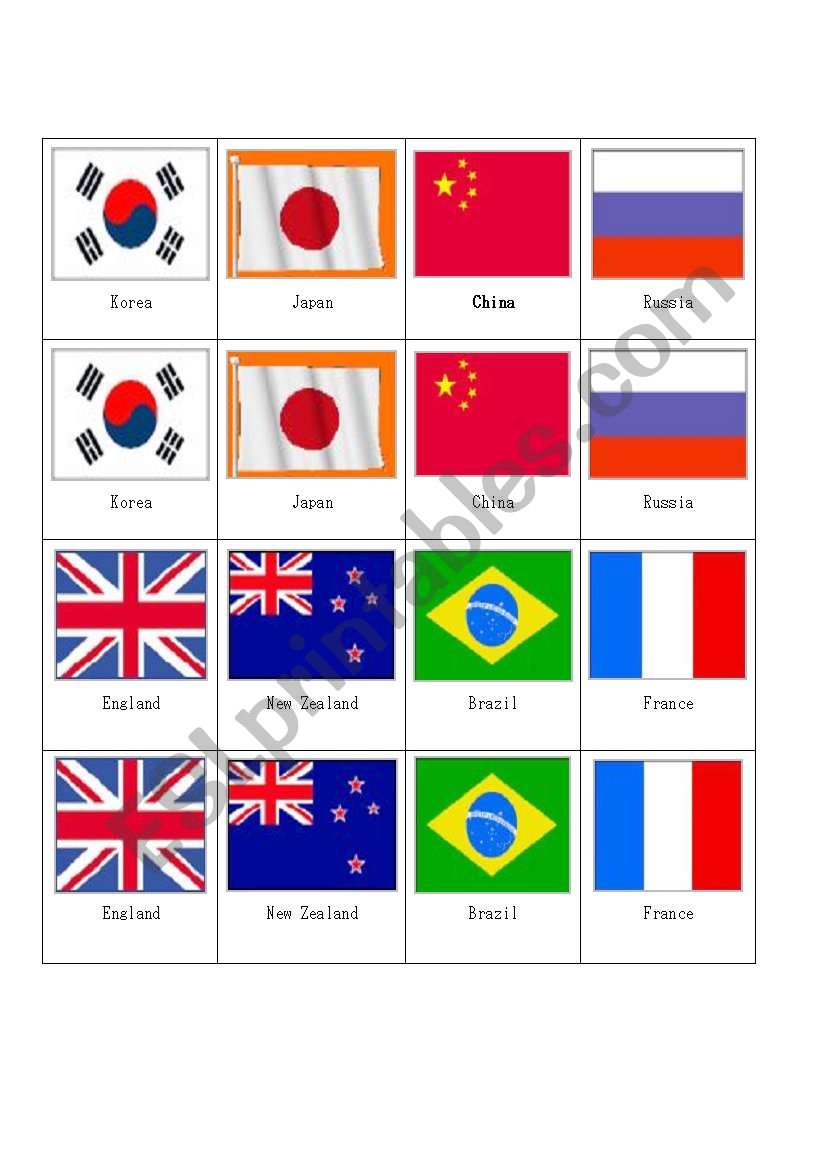 National flags 3 pages worksheet