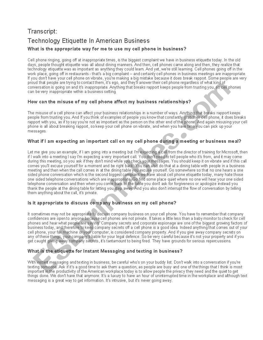 Business etiquettte worksheet