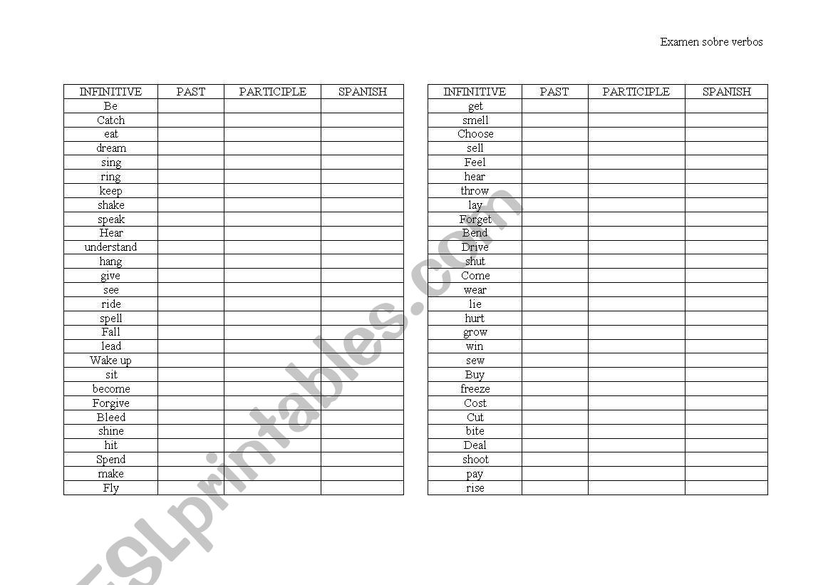 Irregular verbs test worksheet