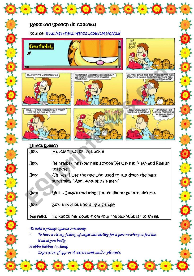 reported speech worksheet garfield