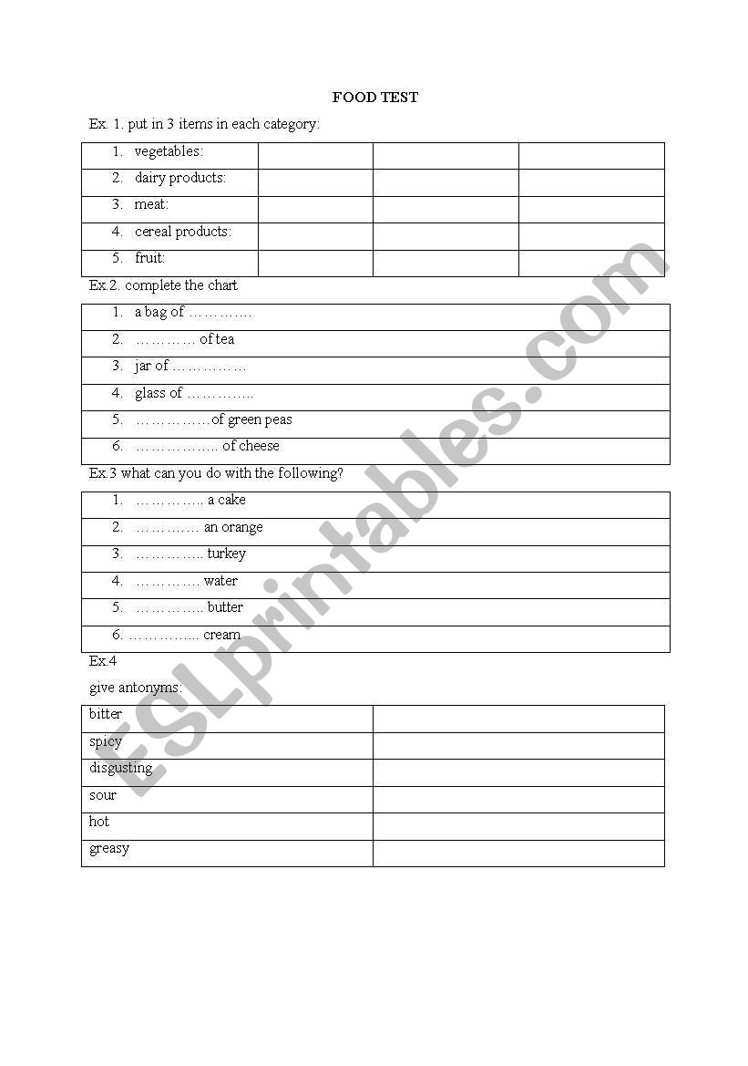 food vocabulary test  worksheet