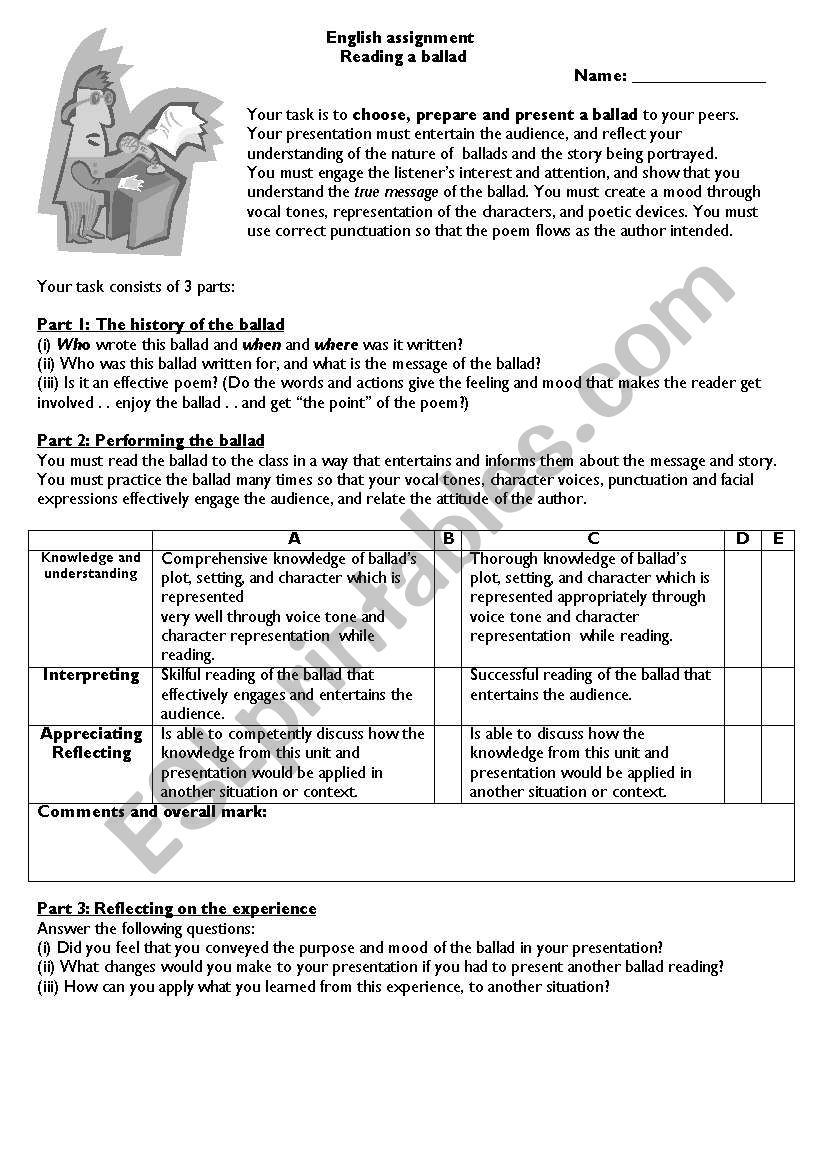 Read a ballad task worksheet