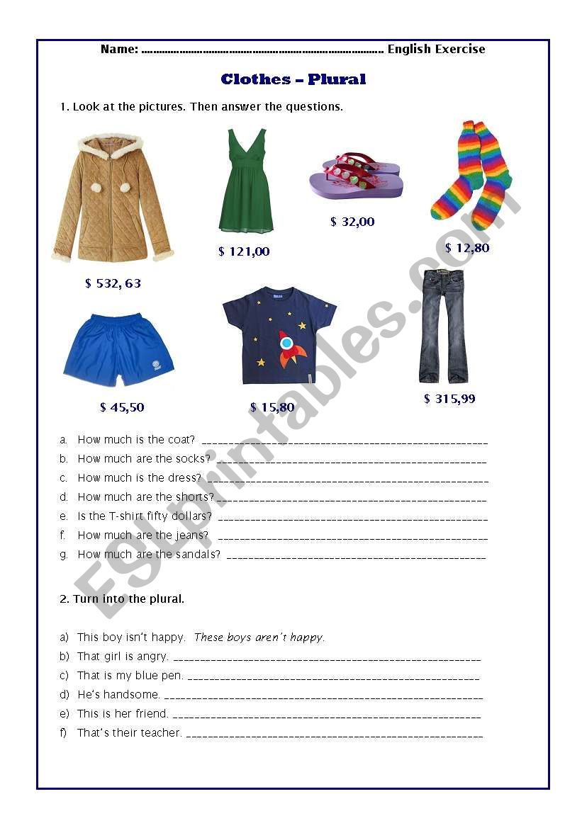 PLURAL AND CLOTHES worksheet