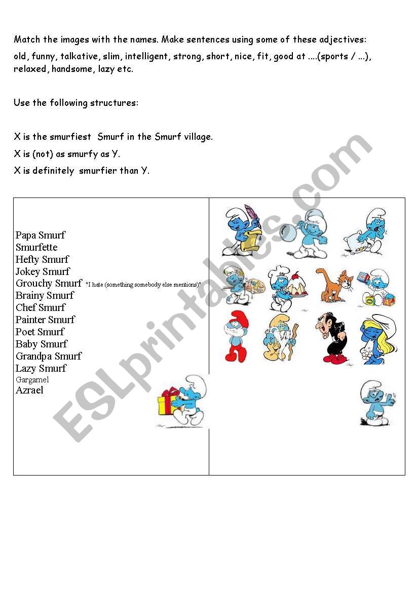 comparatives with smurfs worksheet