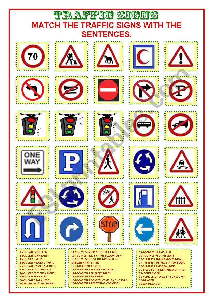 Traffic Signs Esl Worksheet By Nergisumay