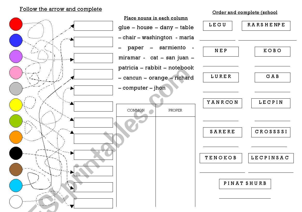 colours, propers and common nouns and school objects
