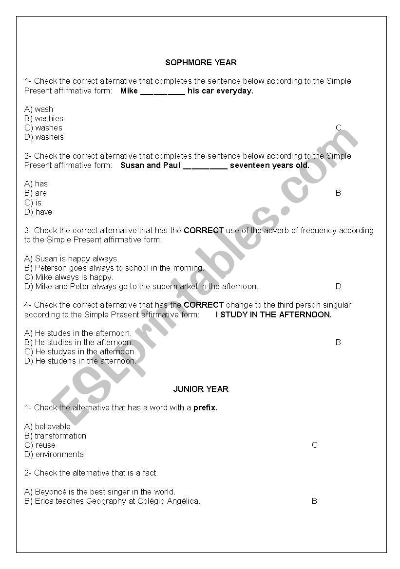 HIGH SCHOOL TEST - PASSIVE VOICE, PREFIX, SUFIX, SIMPLE PRESENT