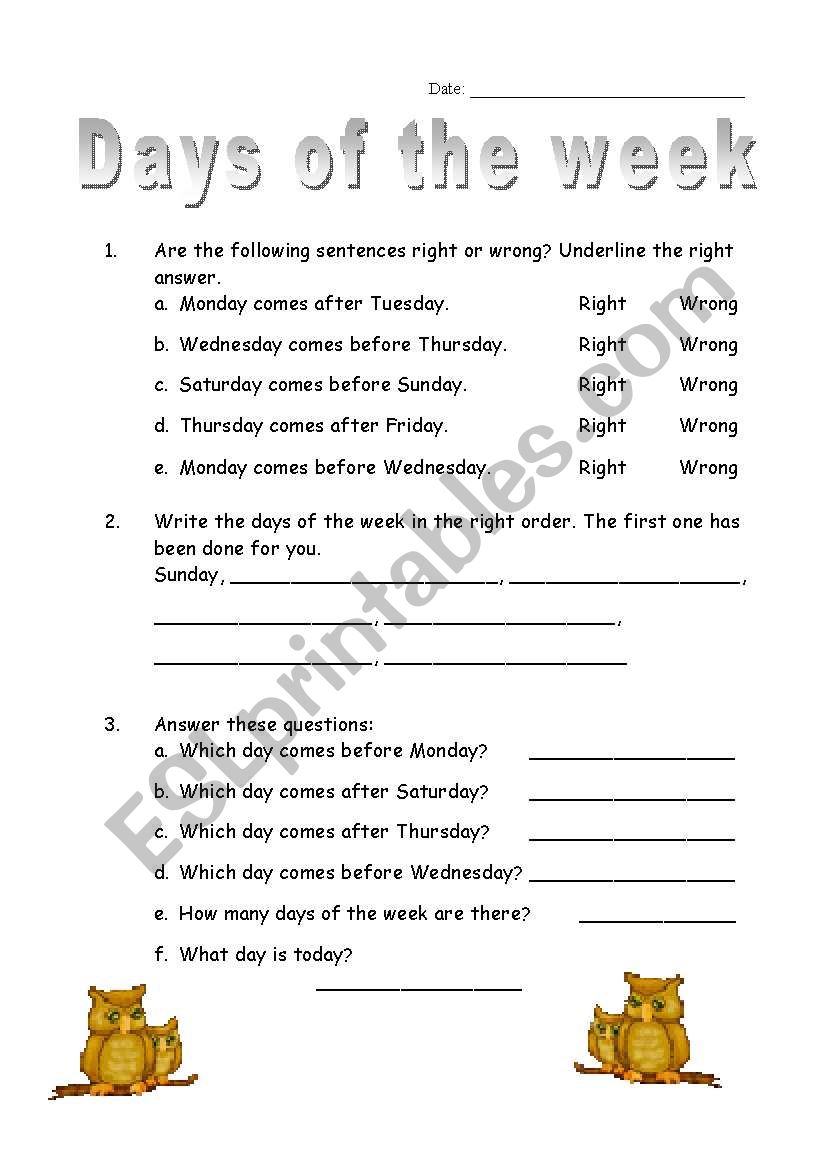 Days of the week worksheet