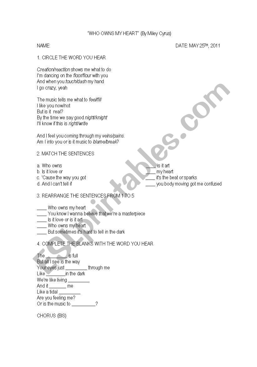 Who owns my Heart worksheet