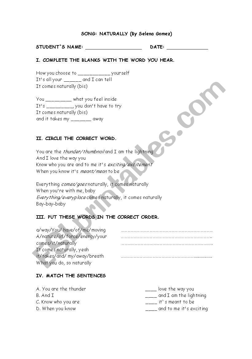 Naturally, by Selena Gomez worksheet