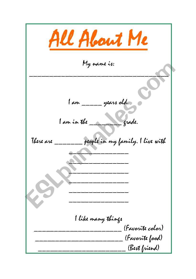 All About Me worksheet