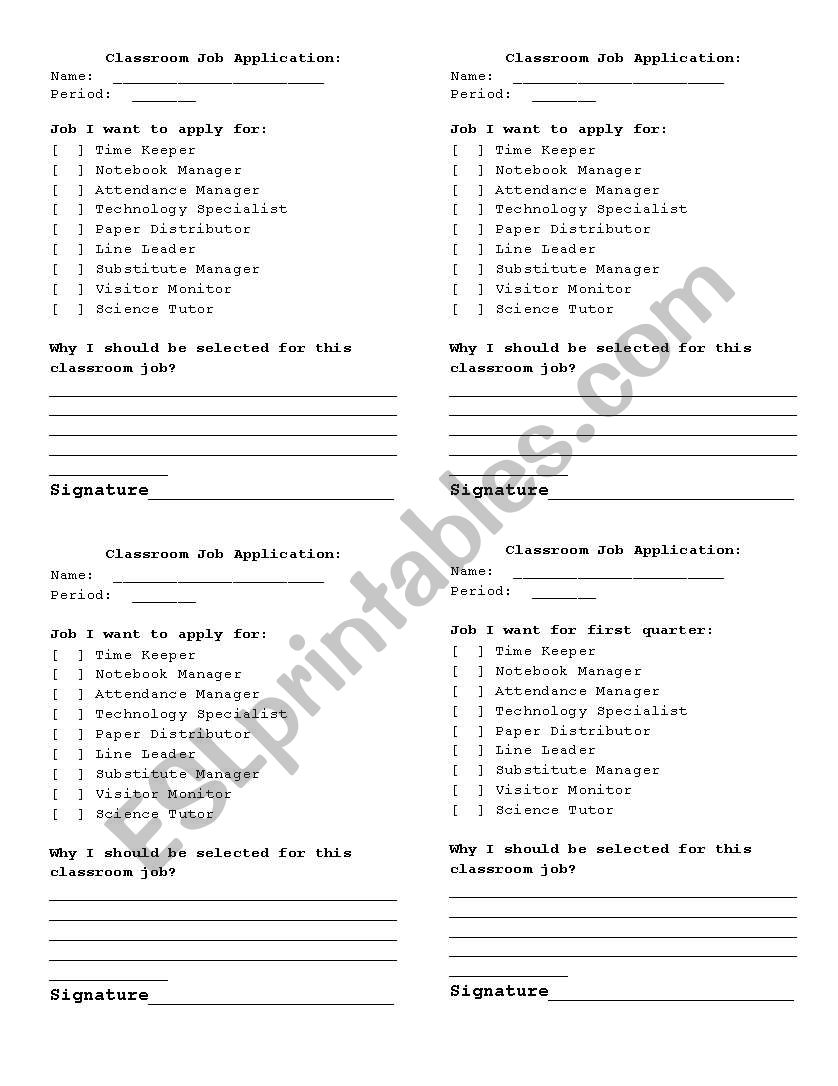 Classroom Job Application worksheet