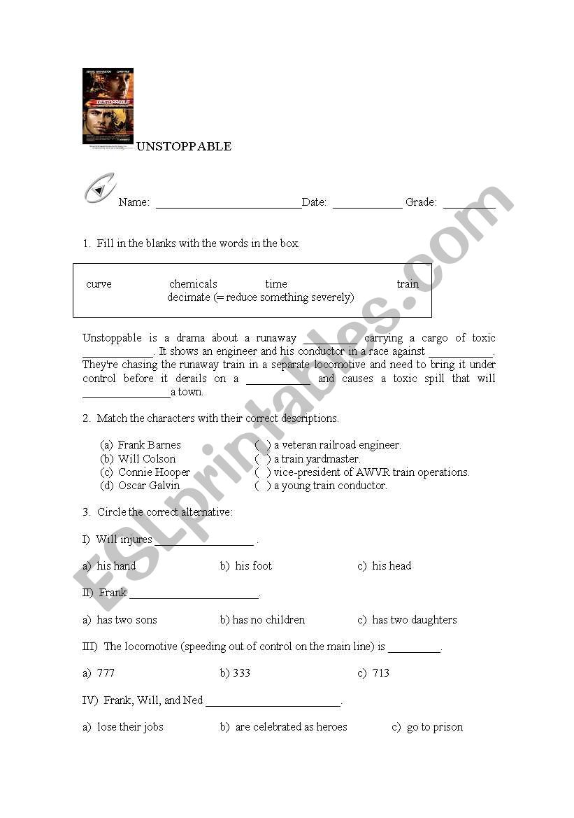 Movie Activity : Unstoppable worksheet