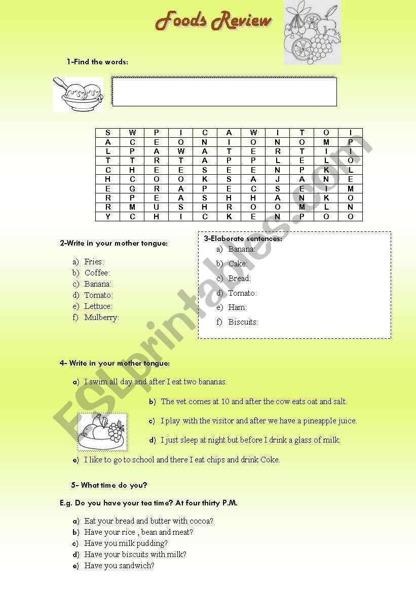 Foods Review worksheet