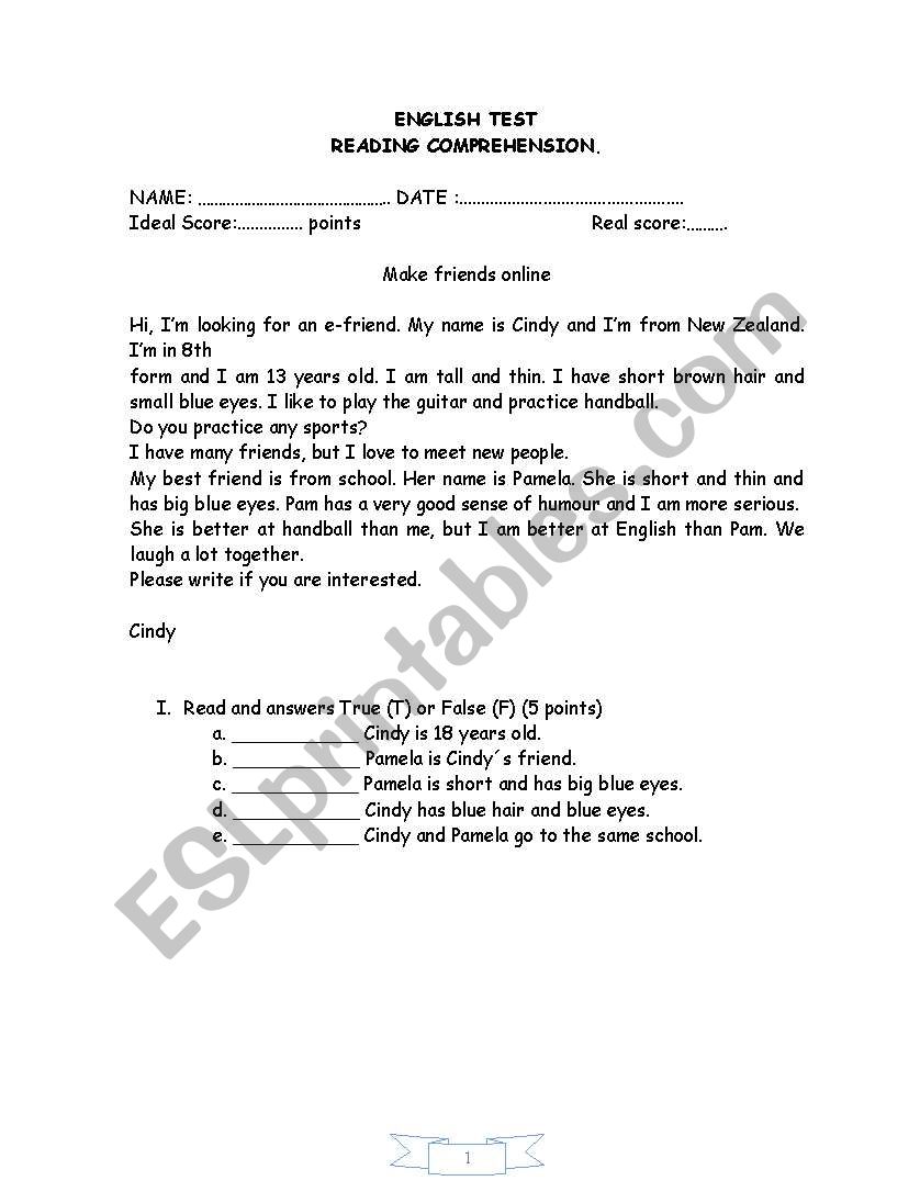 Readin comprehension worksheet