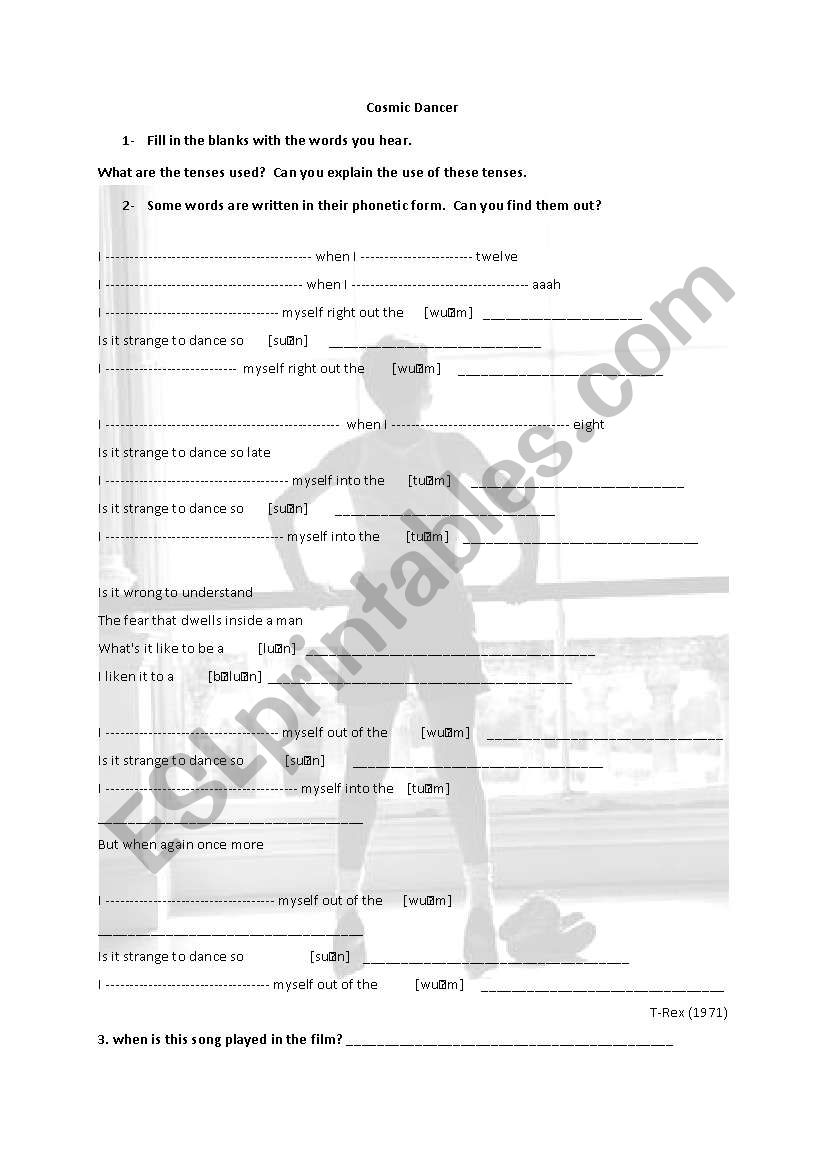 cosmic dancer  Billy Elliot worksheet