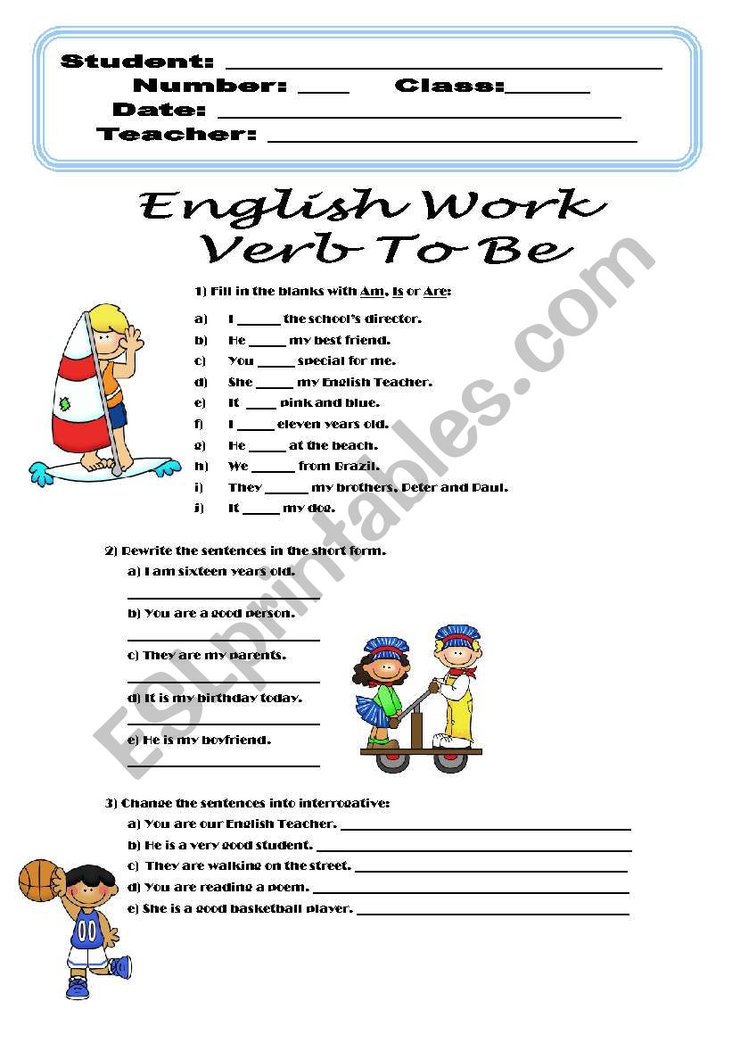 English Work about Verb To Be worksheet