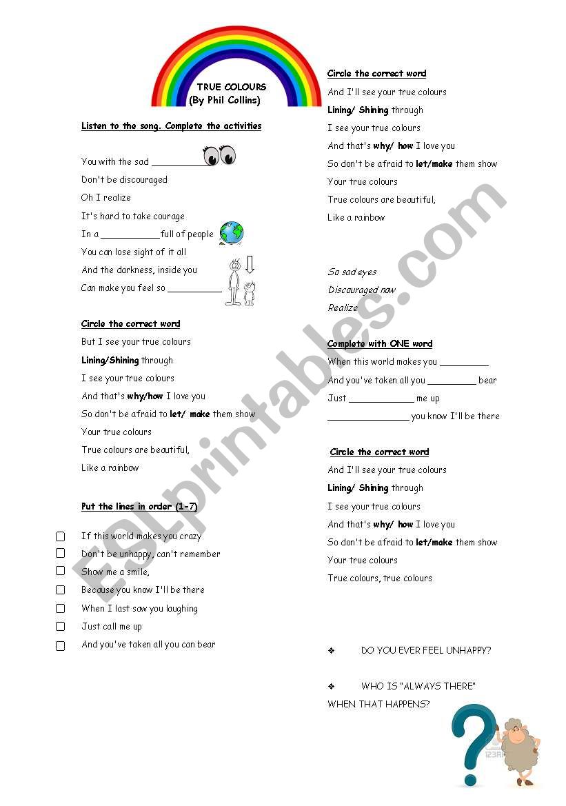 TRUE COLOURS worksheet