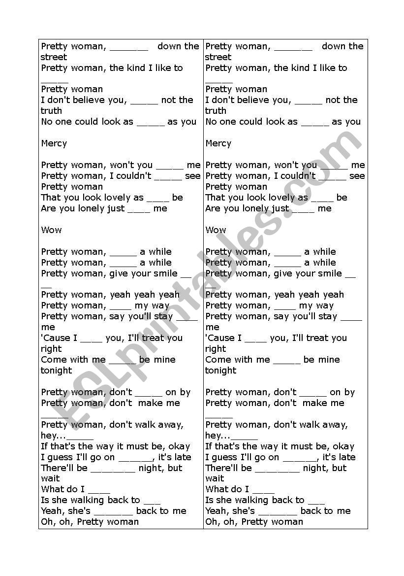 Pretty woman lyrics worksheet