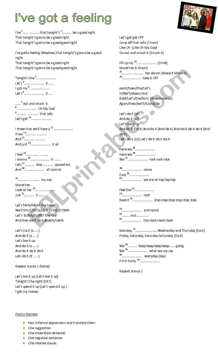 Ive gotta feeling - TBEP worksheet