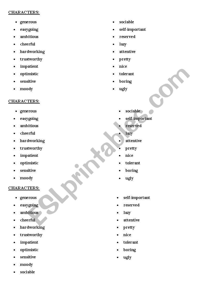Characters worksheet