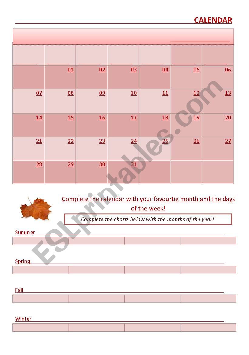 Calendar worksheet