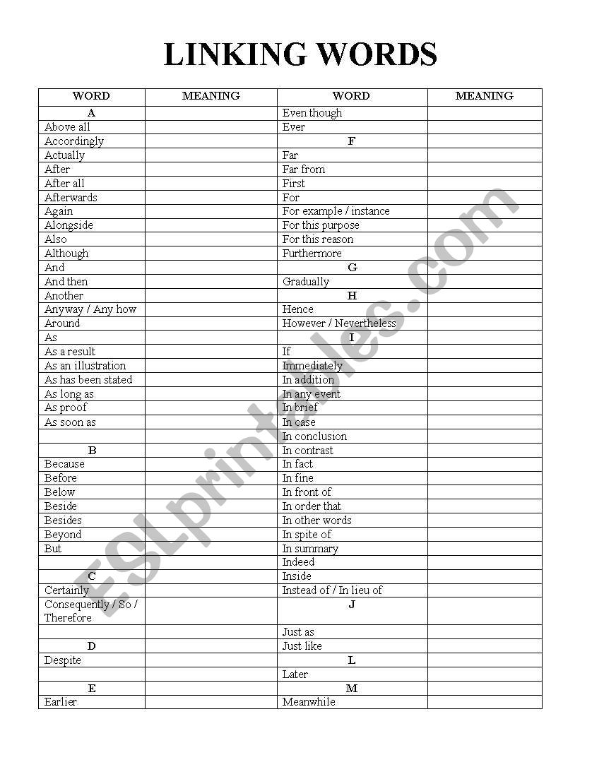 LINKING WORDS OR TRANSITIONAL DEVICE