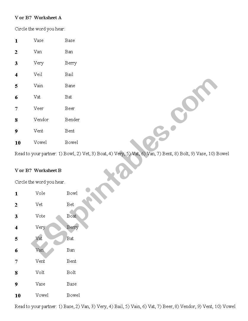 V versus B pronunciation practice