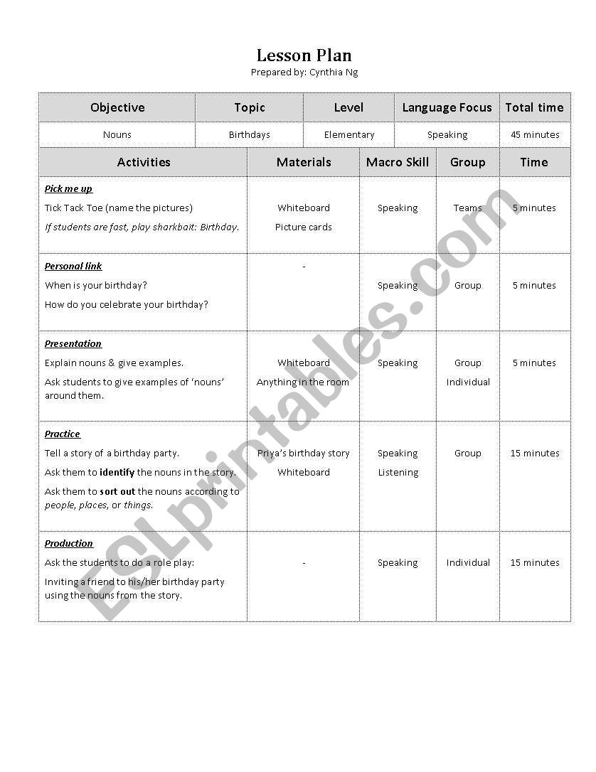 Nouns worksheet