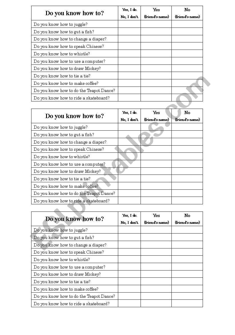 Do you know how to? worksheet