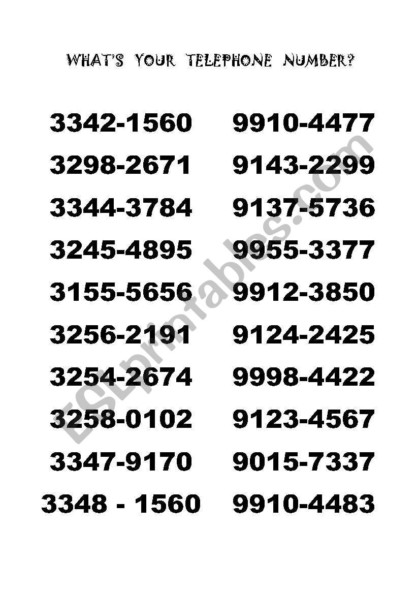 Phone Numbers worksheet