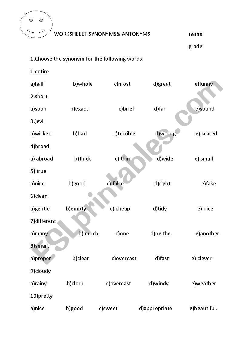Synonyms &Antonyms Worksheet worksheet