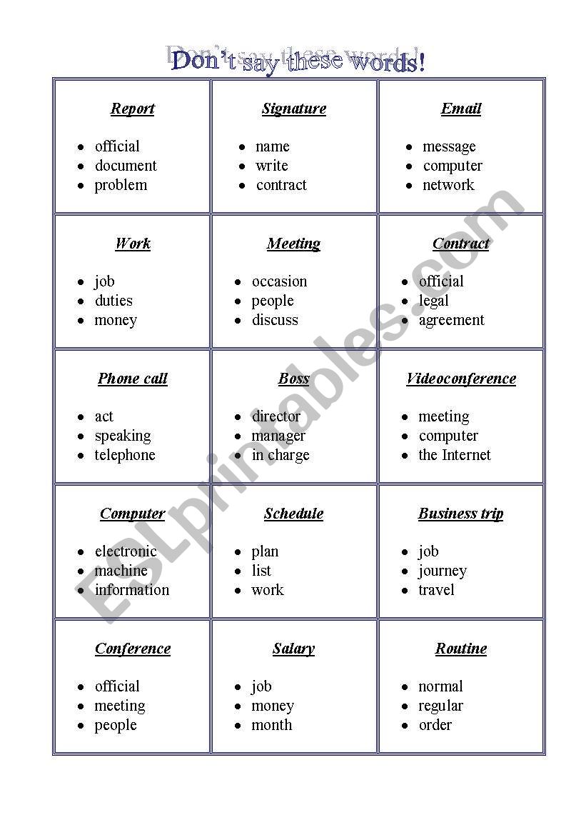 Dont say these words (Work) worksheet