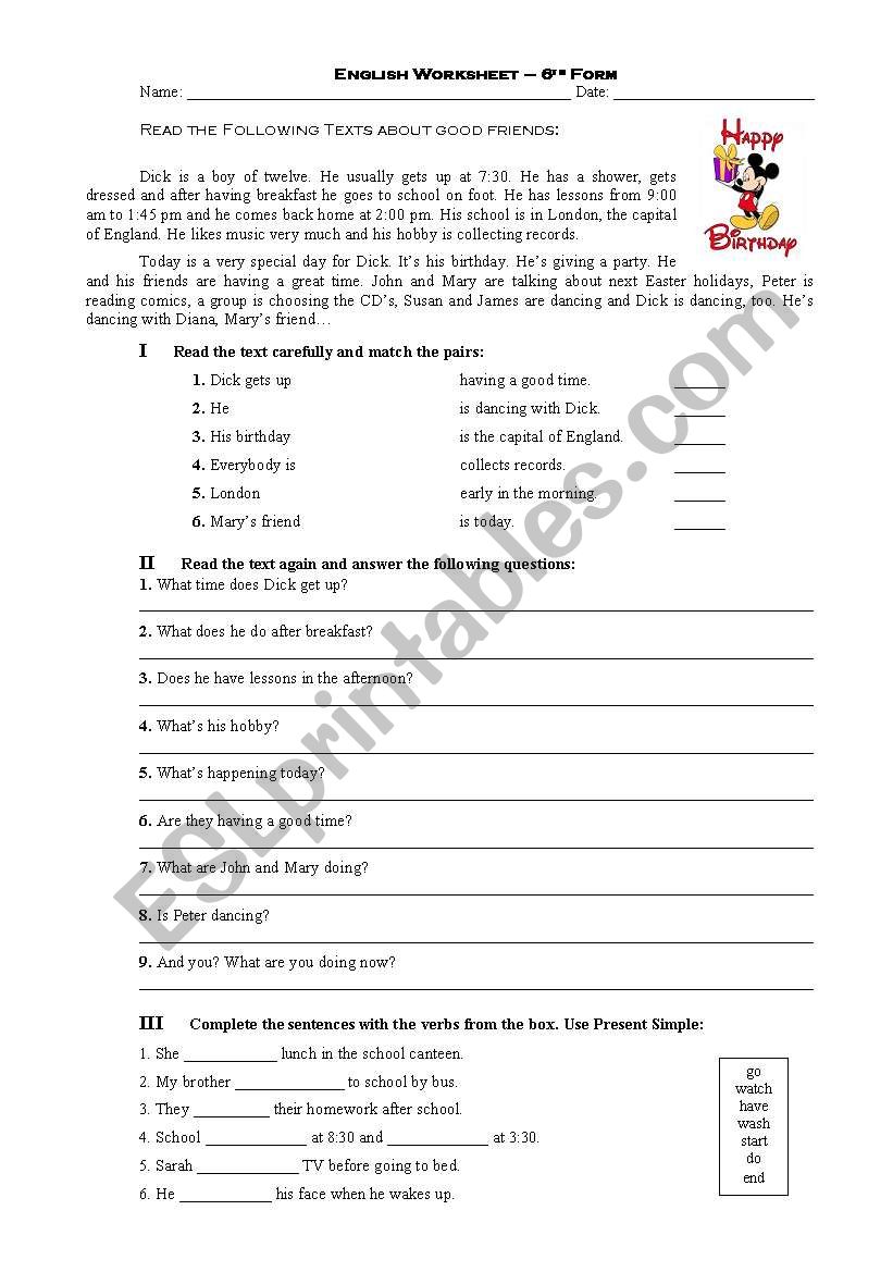 Dicks birthday worksheet